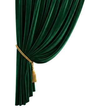 Clean and sharp green curtain tassel hanging from it isolated on transparent png background for graphic design.