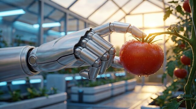 a robotic metal arm touching a fresh ripe red tomato plant inside an automated smart greenhouse.