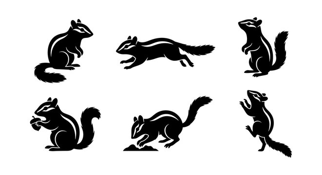 Collection of active chipmunk silhouettes in various natural poses, illustrating woodland animal behavior.