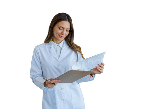 Female doctor reviewing patient records with clipboard