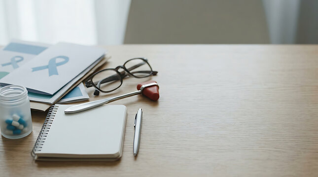 Doctor desk setup with medical equipment, reflex hammer, notebook, and awareness ribbon for health