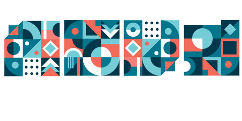 Fototapeta premium A horizontal strip of four distinct, perfectly aligned square geometric art panels, rendered in a clean-lined, flat retro-modernist vector graphic design style. Each of the four modular panels feature