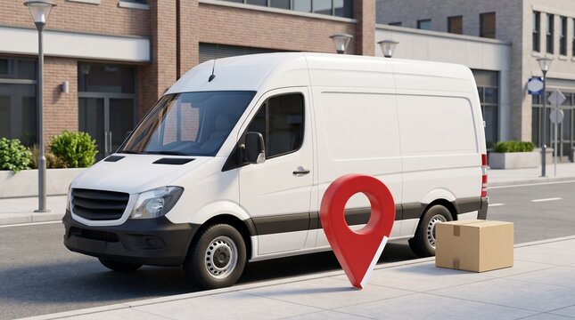 Delivery van parked with location marker and packages on sidewalk