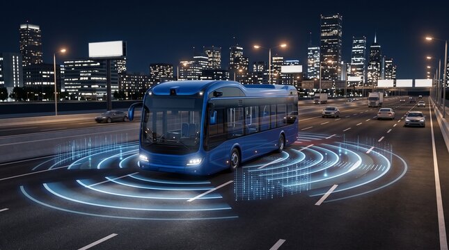 Futuristic blue bus on urban highway with smart technology features