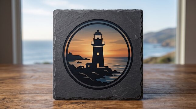 Artistic lighthouse design on slate with scenic ocean background