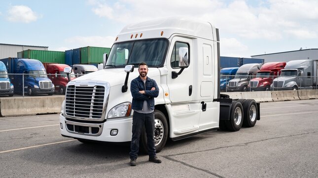 Confident truck driver posing with white freightliner truck outdoors