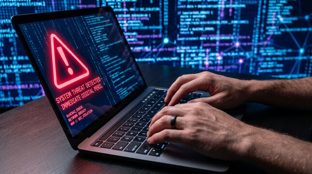 Laptop screen displays a red warning sign for system threat, highlighting cybersecurity concerns, representing digital peril and data breach alerts