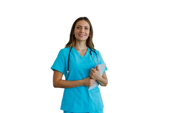 Confident female healthcare worker smiling holding notes