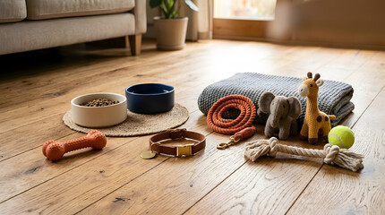 Plakat Dog supplies arranged neatly on rustic hardwood floor featuring bowls with kibble water toys knitted elephant giraffe leash collar blanket in a bright cozy home interior setting for pets