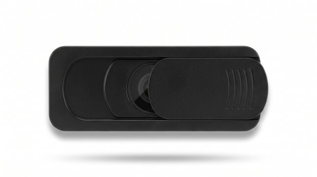 Black webcam cover slider for laptop privacy. Plastic camera shield for digital security. Minimalist lens blocker on white background.