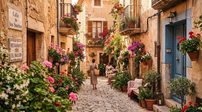 hidden Mediterranean street with flowers and warm sunlight