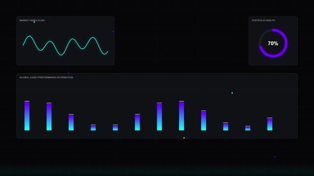 Dark user interface dashboard with glowing futuristic data visualization charts graphs and indicators