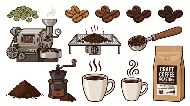 Very beautiful realistic vector collection of COFFEE ROASTING featuring separate green coffee beans, roasting drum, roasted beans at different roast levels, cooling tray, coffee scoop, ground coffee, 