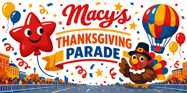 Cheerful Macys Inspired Thanksgiving Parade Vector With Smiling Star Balloon, Turkey, Hot Air Balloon, Confetti and Festive Crowds Creating a Colorful Holiday Celebration