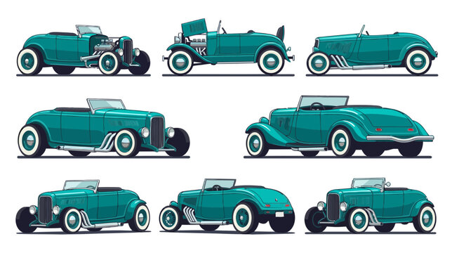 Collection of Teal Hot Rod Cars, Isolated on Transparent Background