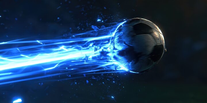 A soccer ball streaks through the darkness, trailing brilliant blue energy