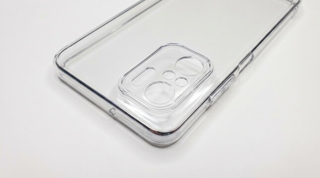 Transparent smartphone case on white background, clear silicone phone cover, protective plastic mobile accessory for product mockup