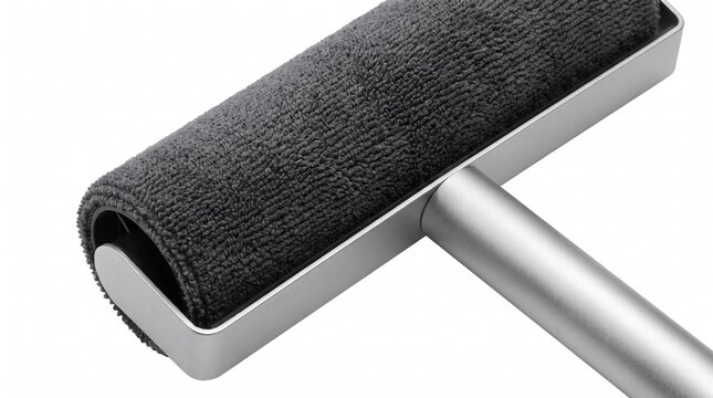 Reusable lint roller with gray fabric surface, silver metal handle for pet hair removal, professional laundry cleaning tool on white background