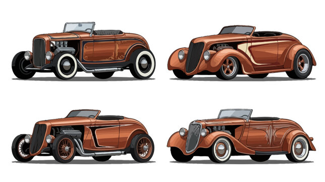 Four Vintage Hot Rods, Classic Cars, Isolated, Transparent Background