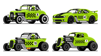 Naklejka premium Green Racing Cars Set: Hot Rods and Sports Car, Isolated