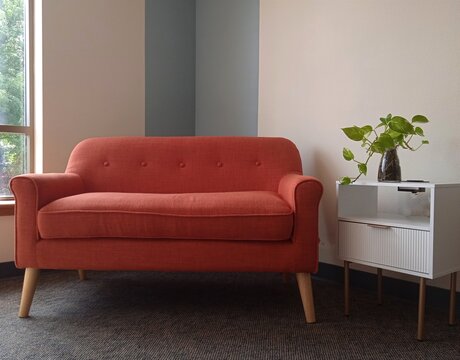 Modern orange coral loveseat in bright counseling office or therapy room with large window and natural light. White side table with drawer and green plant in glass vase. Clean professional interior fo
