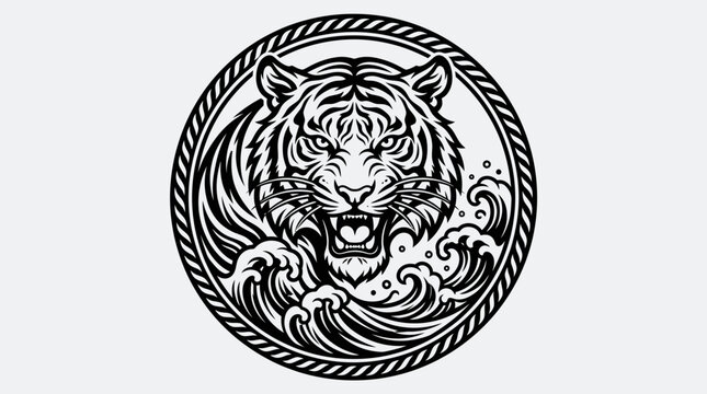 Fierce Tiger Head with Crashing Waves Emblem, Japanese Style, Isolated