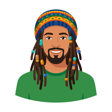 Smiling Man with Dreadlocks and Rasta Hat - Cartoon Portrait