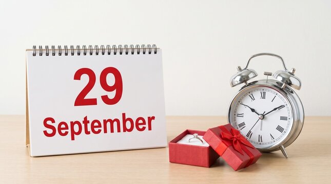 calendar date on light background with red gift box with ring and alarm clock with copy space. September 29 is the twenty-ninth day of the month
