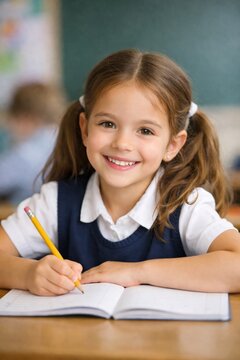 Elementary school girl writing in notebook at classroom desk with pencil smiling for education background and back to school design