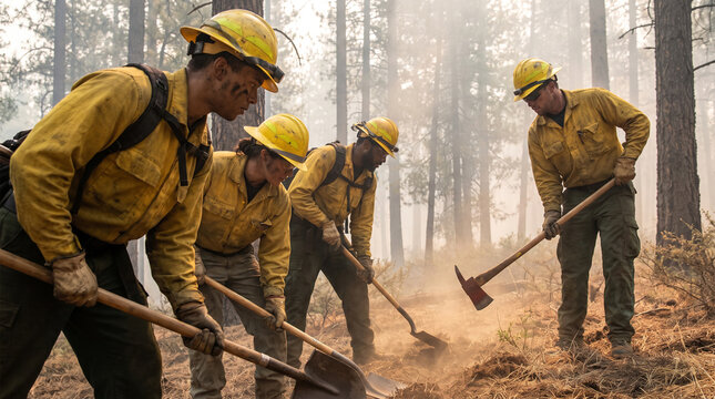 Wildfire Crew Digging Firebreak in Smoky Forest
