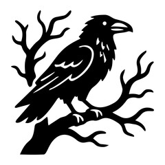 Obraz premium Gothic raven perched on a gnarled dead tree branch for a chilling Halloween atmosphere in the woods icon flat style