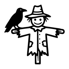 Obraz premium Creepy scarecrow standing in a haunted field with a raven perched on its arm for Halloween season icon flat style