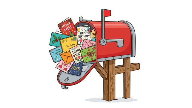 Red Mailbox Overflowing with Various Celebration and Holiday Greeting Cards Illustration