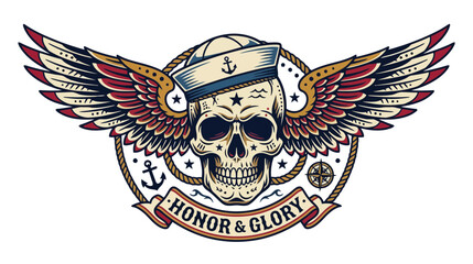 Fototapeta premium Sailor Skull with Wings, Anchor and Compass Emblem - Honor & Glory