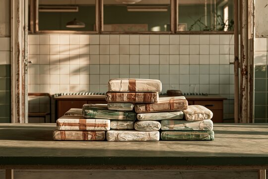 Stacked sealed packages on a muted green evidence table with wrinkled seals and dented corners, for crime investigation and public safety campaigns