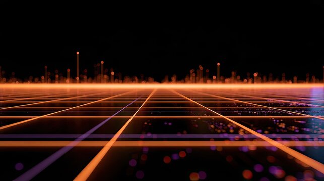 Glowing digital grid extending to a dark horizon with colorful bokeh points