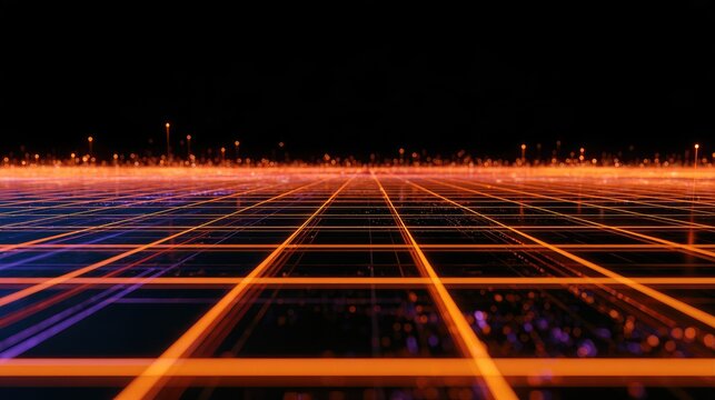 Orange grid receding into glowing digital horizon at night