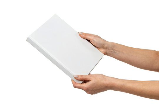 Pair of human hands holding a blank white rectangular book cover for mockup purposes isolated on a transparent background
