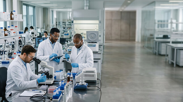 Diverse team of professional scientists conducting research and experiments in a modern medical laboratory