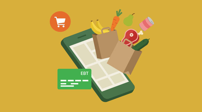 Vector illustration of online grocery shopping using an EBT card on a mobile phone app with food bags, vegetables, and shopping cart icon