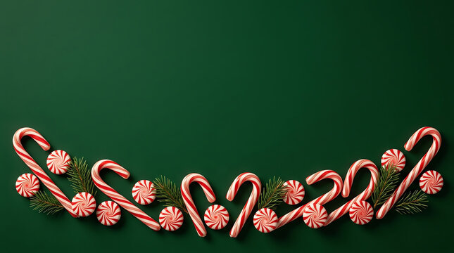 Festive christmas candy canes and peppermint candies arranged in a decorative border on a dark green background