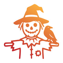 Obraz premium Tattered scarecrow with a crow perched on its shoulder in a haunted Halloween farm field icon flat gradient style