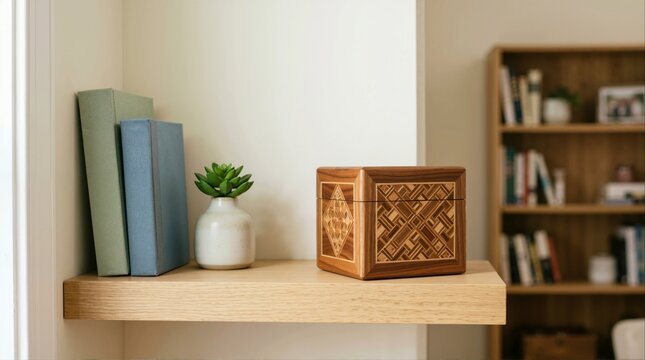 Wooden puzzle box on floating wall shelf. Handcrafted geometric secret box next to books and small potted plant