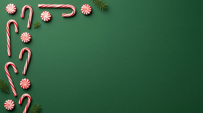 Christmas candy canes and peppermint candies arranged in a corner frame on a dark green background