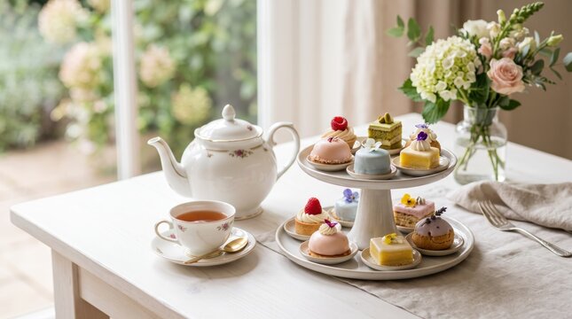 Elegant afternoon tea set with assorted pastries and macarons on tiered stand, white porcelain teapot cup saucer, floral arrangement background, luxury dessert bakery food photography