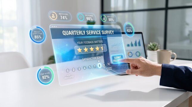 Hand interacting with futuristic holographic quarterly service survey interface displaying satisfaction scales and performance metrics in a bright modern office workspace.
