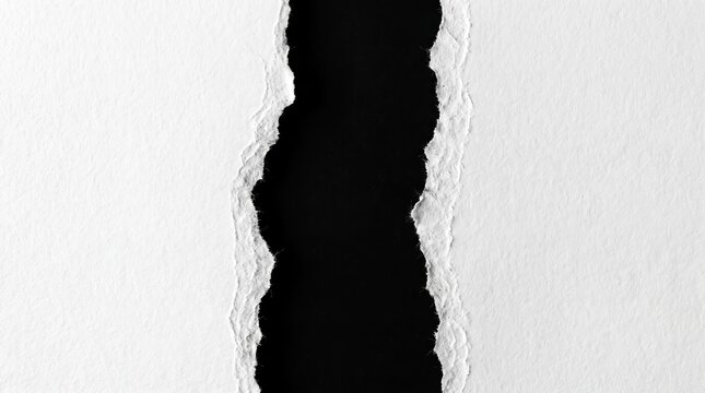 Torn white paper texture revealing black background, ripped edge detail, abstract minimal concept, copy space for text, grunge distress effect, high contrast design element