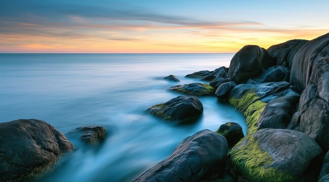 Coastal nature landscape showing massive dark mossy rocks surrounded by serene silky blue ocean, sea water under a vibrant golden horizon sunset blue sky during the late evening hours