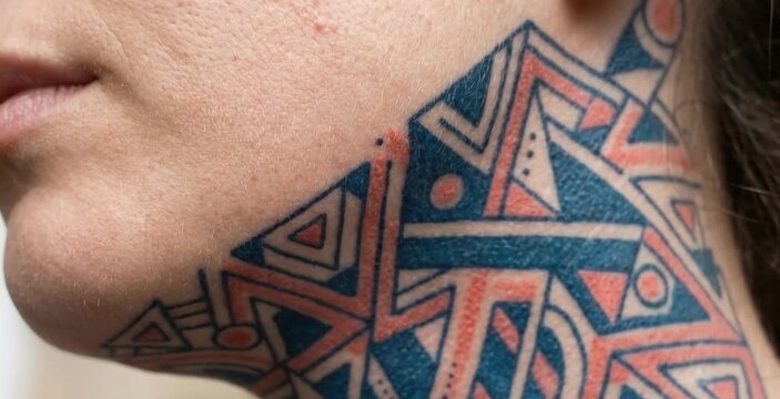 Close Up of Woman Jawline and Neck with Geometric Pattern Ink Tattoo
