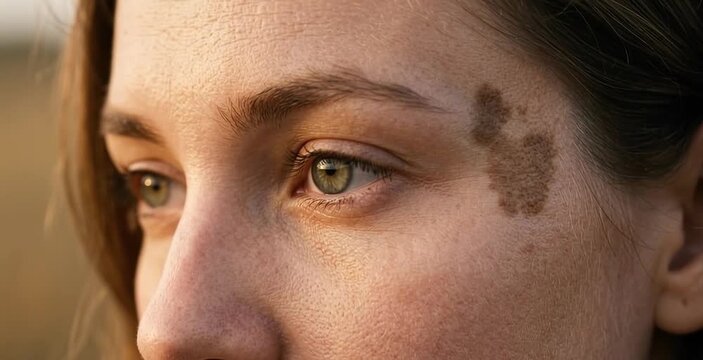 Close Up Profile of Young Woman with Large Facial Birthmark in Golden Sunlight